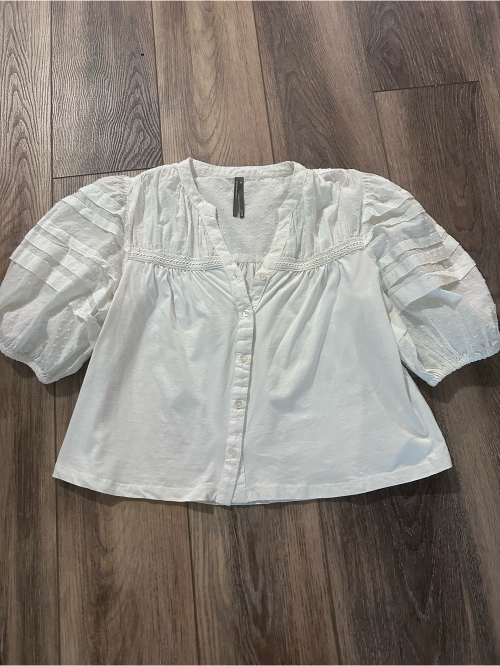 Anthropologie Cream Swiss Dot Button-Front Blouse with Braided Trim